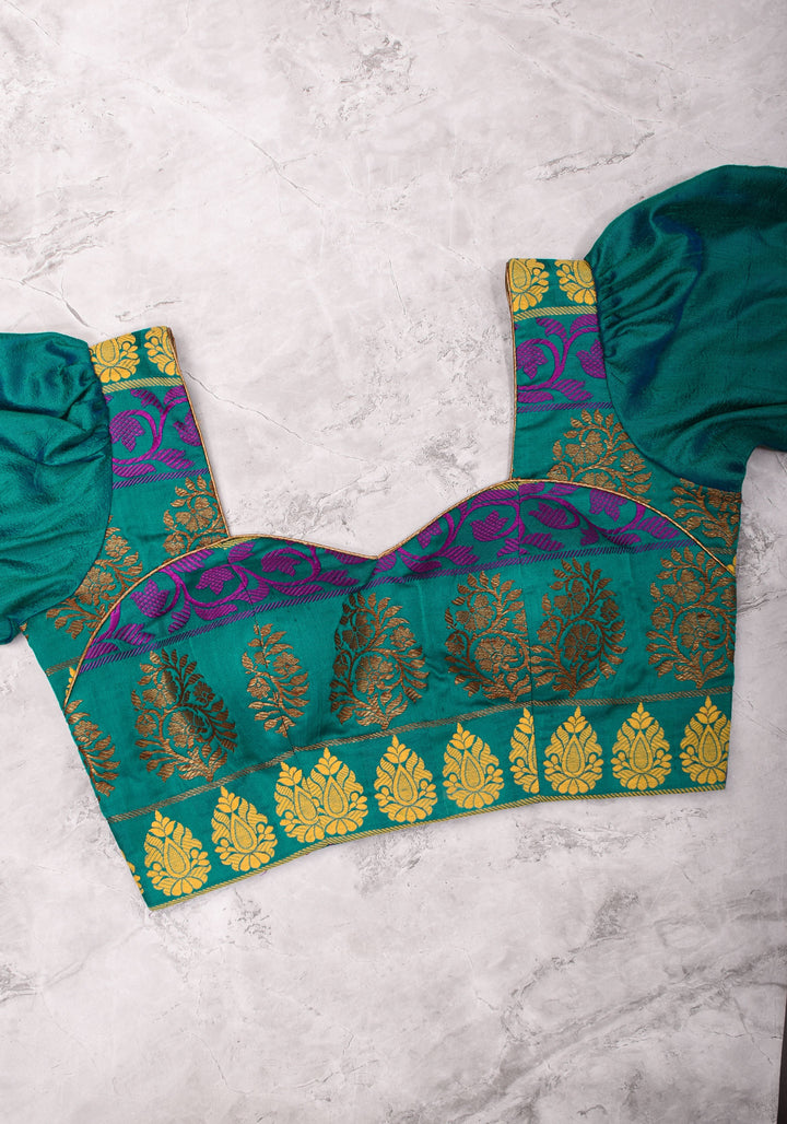 Teal brocade & pure rawsilk sweet heart neck blouse with sleeve detailing, Made to Order