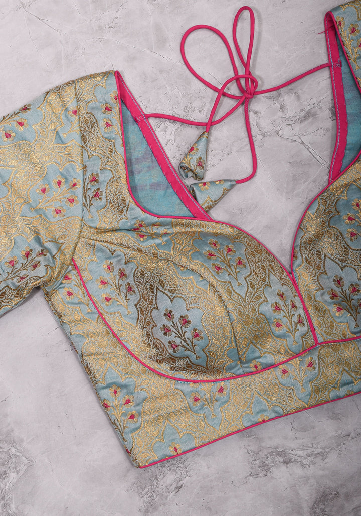 Heather Blue Meenakari  Silk Blouse  Mix and Match Blouse for saree, Made to Order