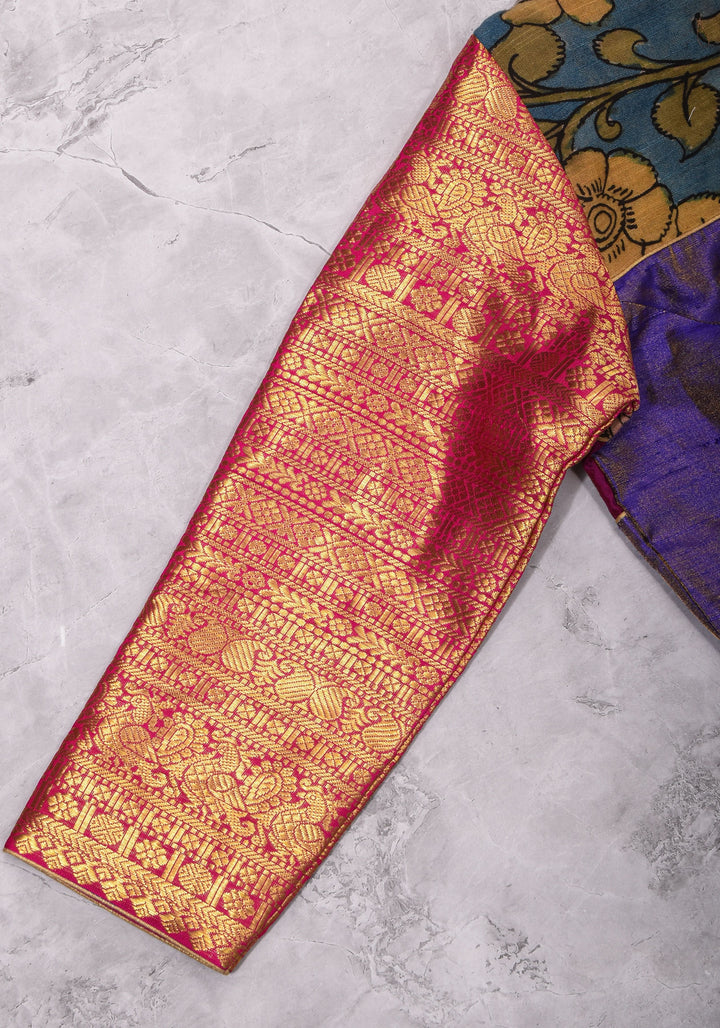 Purple  Silk Blouse with pen Kalamkari Yoke  Mix and Match Blouse for saree, Made to Order