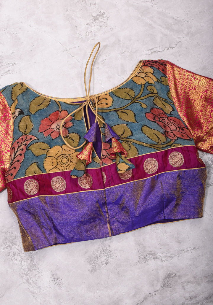 Purple  Silk Blouse with pen Kalamkari Yoke  Mix and Match Blouse for saree, Made to Order