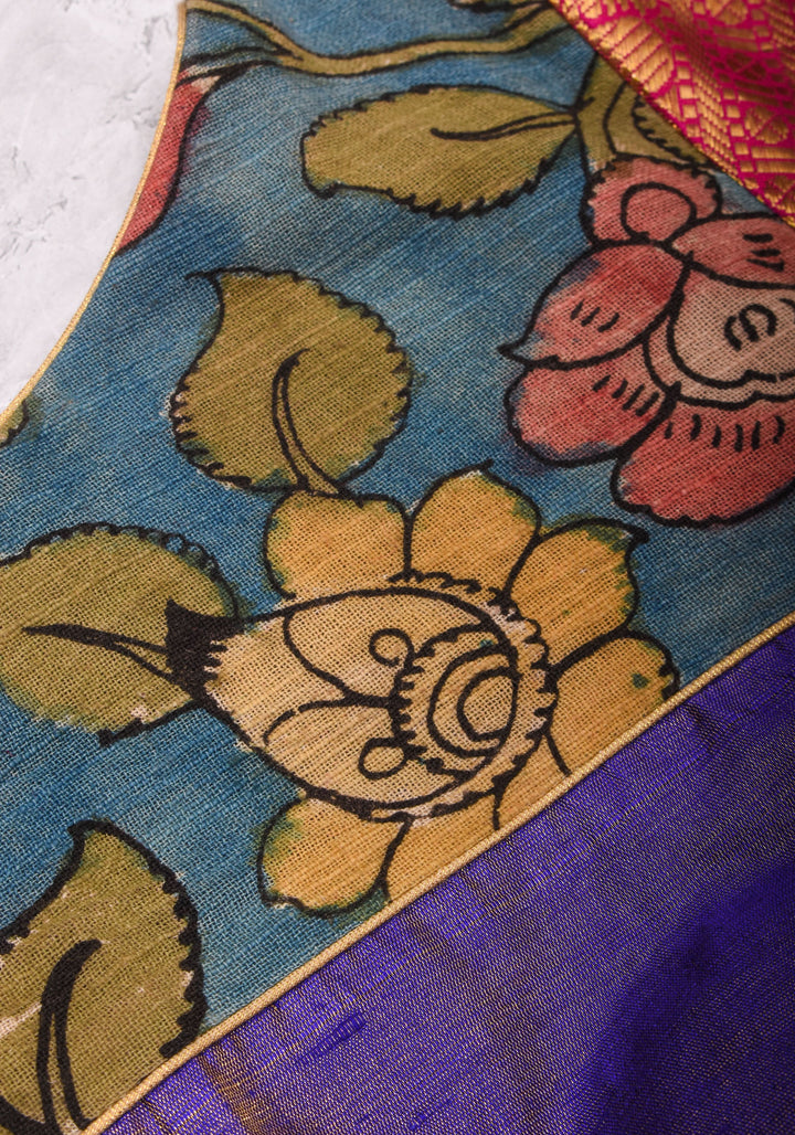 Purple  Silk Blouse with pen Kalamkari Yoke  Mix and Match Blouse for saree, Made to Order