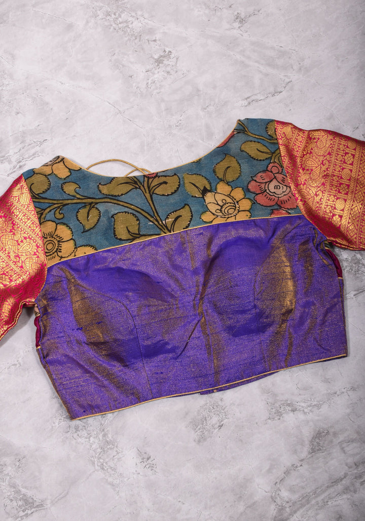 Purple  Silk Blouse with pen Kalamkari Yoke  Mix and Match Blouse for saree, Made to Order