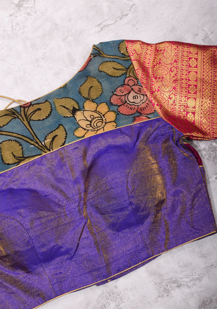 Purple  Silk Blouse with pen Kalamkari Yoke  Mix and Match Blouse for saree, Made to Order