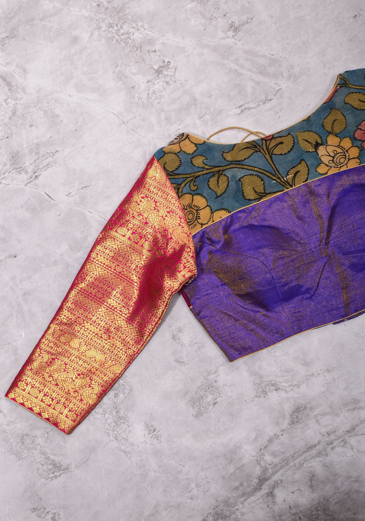Purple  Silk Blouse with pen Kalamkari Yoke  Mix and Match Blouse for saree, Made to Order