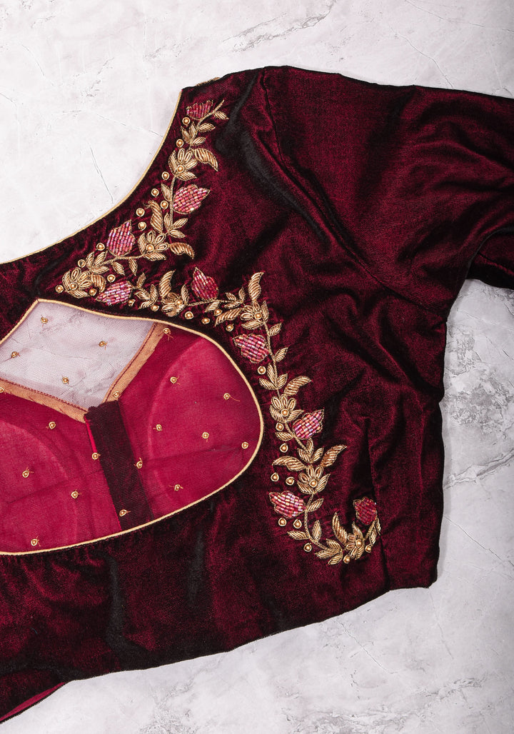 Maroon Velvet Blouse with Zardosi work Mix and Match Blouse for saree, Made to Order