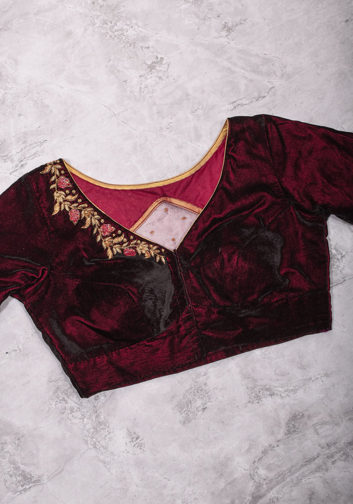 Maroon Velvet Blouse with Zardosi work Mix and Match Blouse for saree, Made to Order