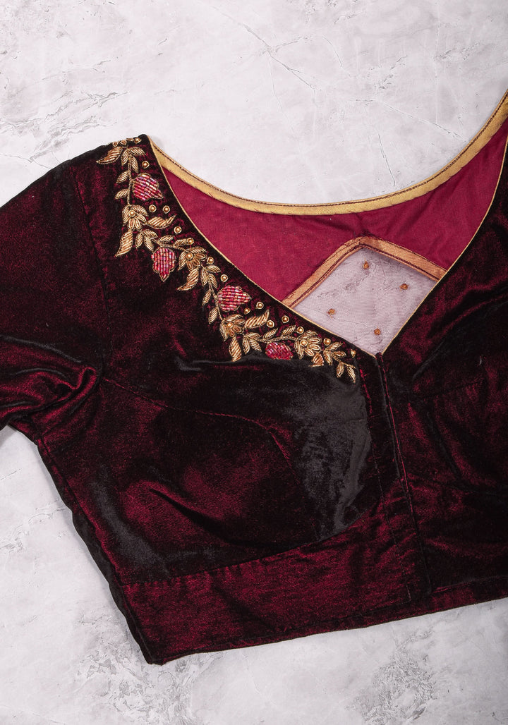 Maroon Velvet Blouse with Zardosi work Mix and Match Blouse for saree, Made to Order