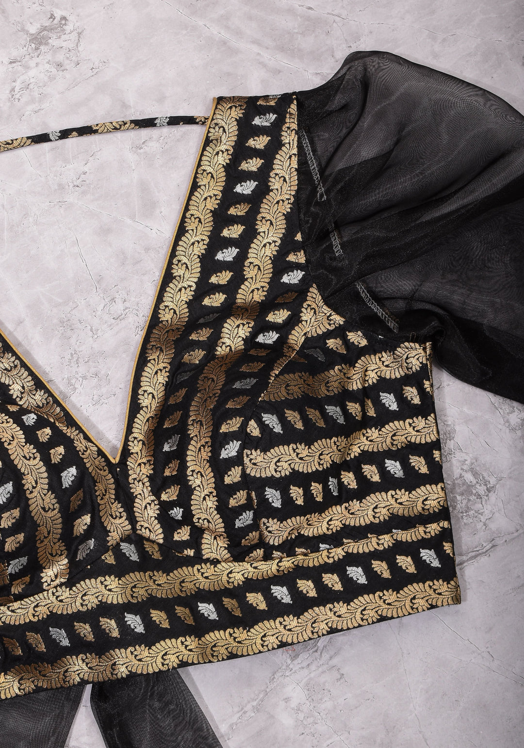 Black Brocade Blouse with Organza Puff Sleeves  Mix and Match Blouse for saree, Made to Order