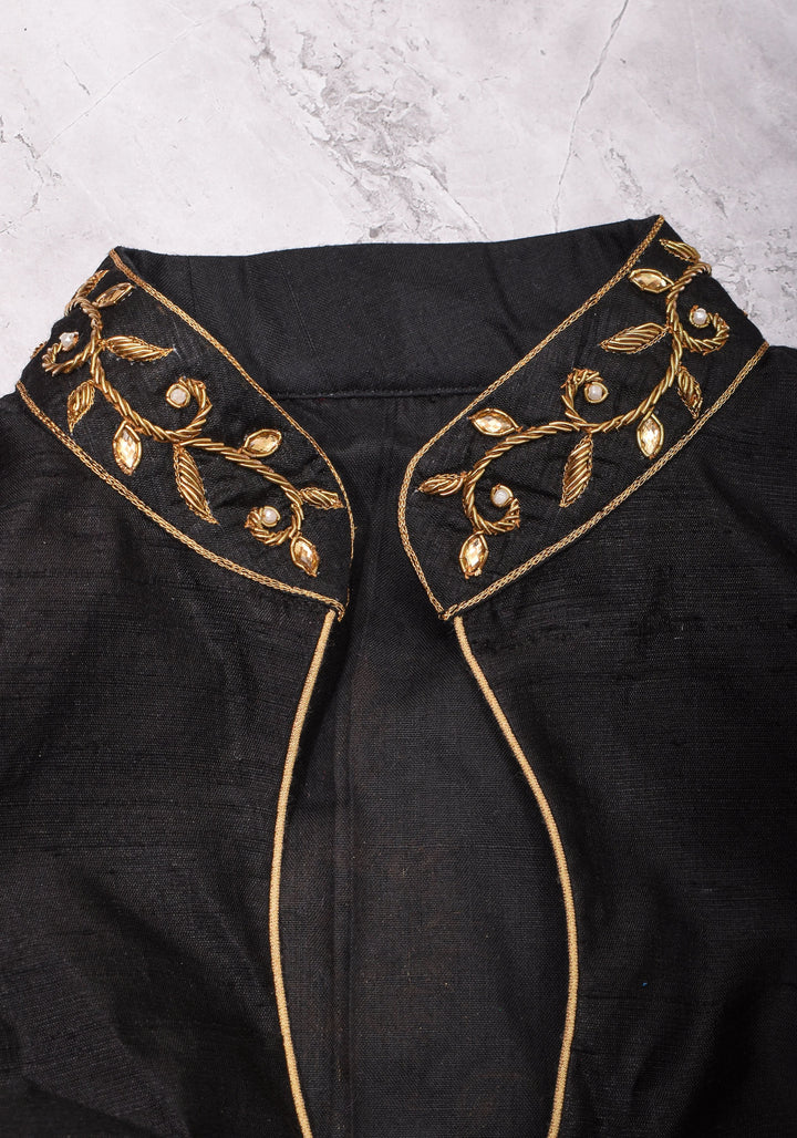Black Raw Silk Blouse with Collar Neck and Zardosi Work   Mix and Match Blouse for saree, Made to Order
