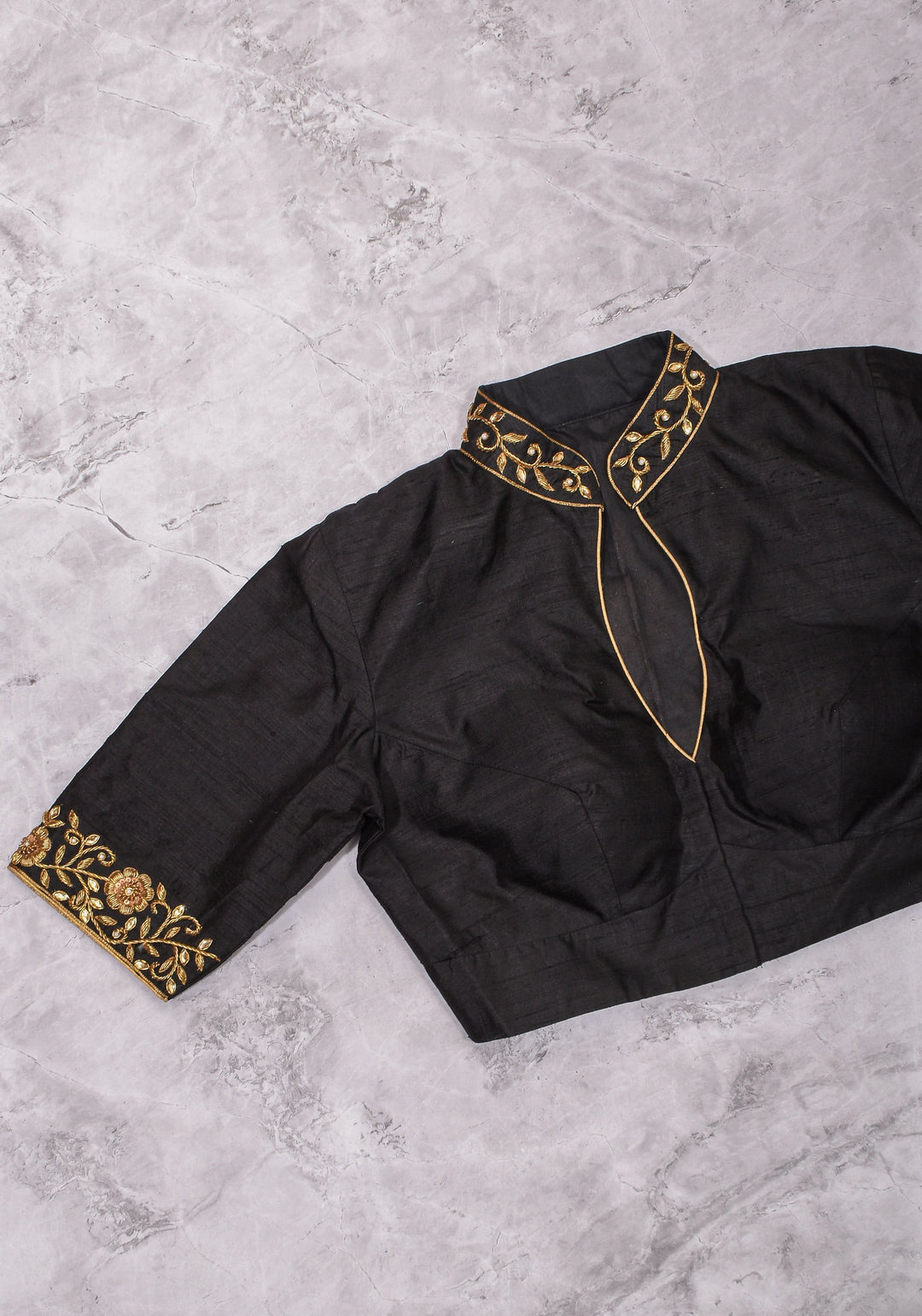 Black Raw Silk Blouse with Collar Neck and Zardosi Work   Mix and Match Blouse for saree, Made to Order