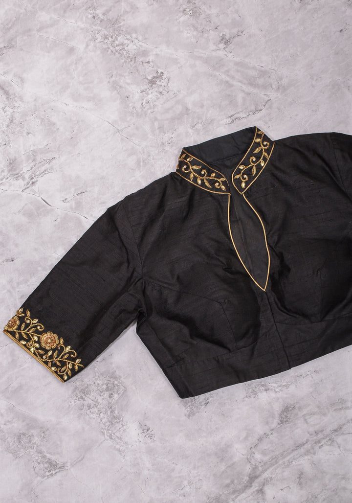 Black Raw Silk Blouse with Collar Neck and Zardosi Work   Mix and Match Blouse for saree, Made to Order