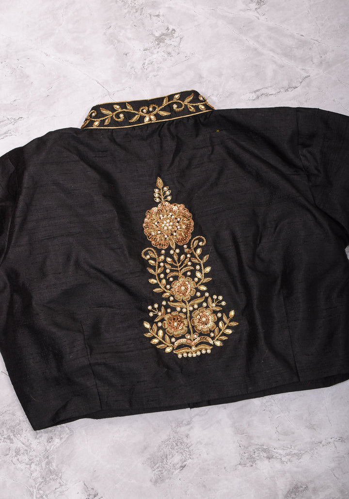 Black Raw Silk Blouse with Collar Neck and Zardosi Work   Mix and Match Blouse for saree, Made to Order