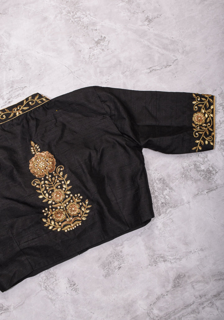 Black Raw Silk Blouse with Collar Neck and Zardosi Work   Mix and Match Blouse for saree, Made to Order