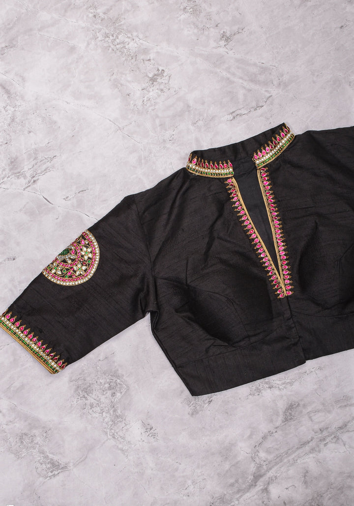 Black Raw Silk Blouse with Collar neck with Jadau Mandala Design, Made to Order