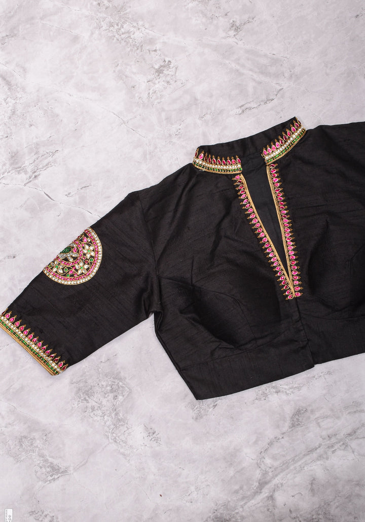 Black Raw Silk Blouse with Collar neck with Jadau Mandala Design, Made to Order