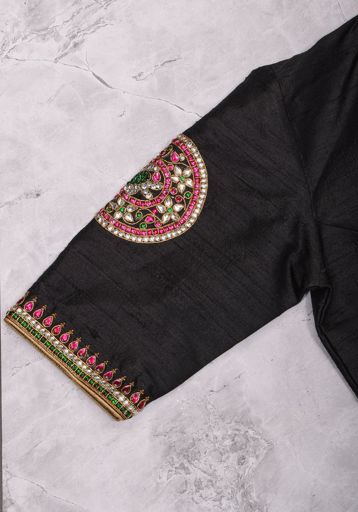 Black Raw Silk Blouse with Collar neck with Jadau Mandala Design, Made to Order