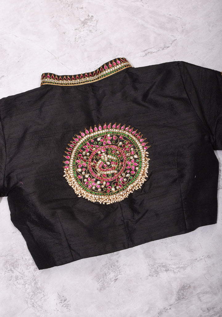 Black Raw Silk Blouse with Collar neck with Jadau Mandala Design, Made to Order