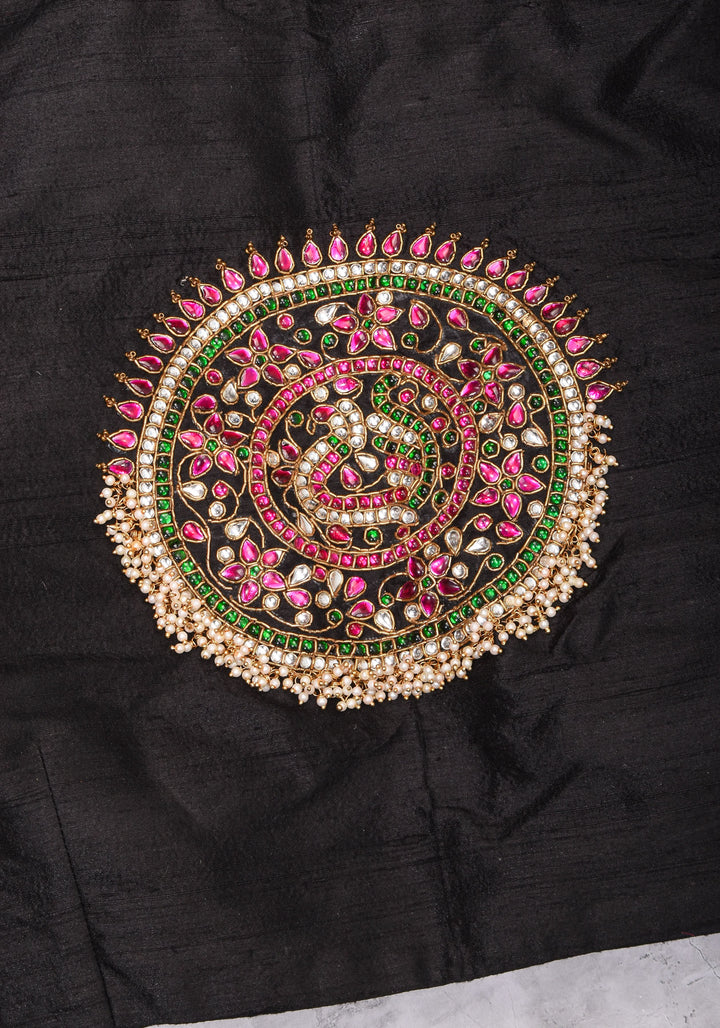 Black Raw Silk Blouse with Collar neck with Jadau Mandala Design, Made to Order