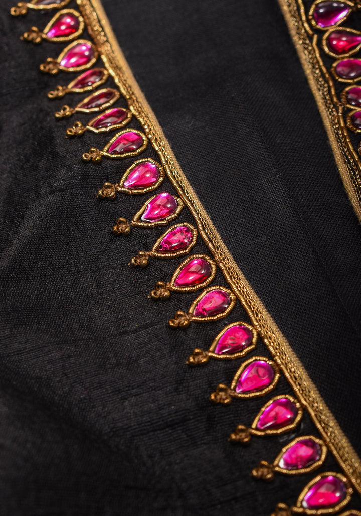 Black Raw Silk Blouse with Collar neck with Jadau Mandala Design, Made to Order