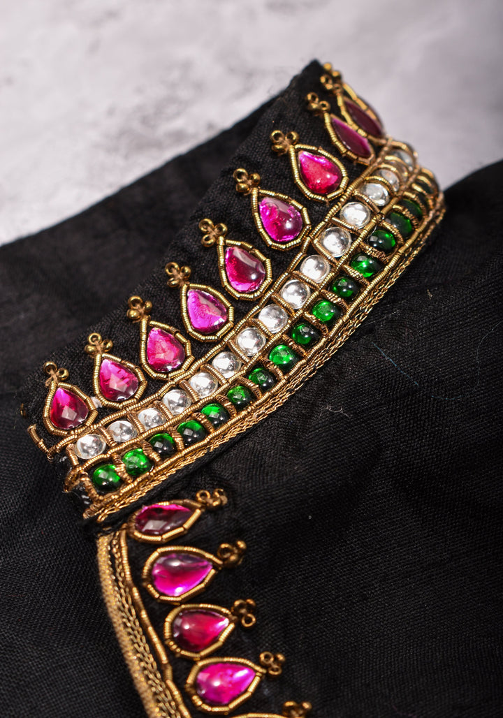 Black Raw Silk Blouse with Collar neck with Jadau Mandala Design, Made to Order