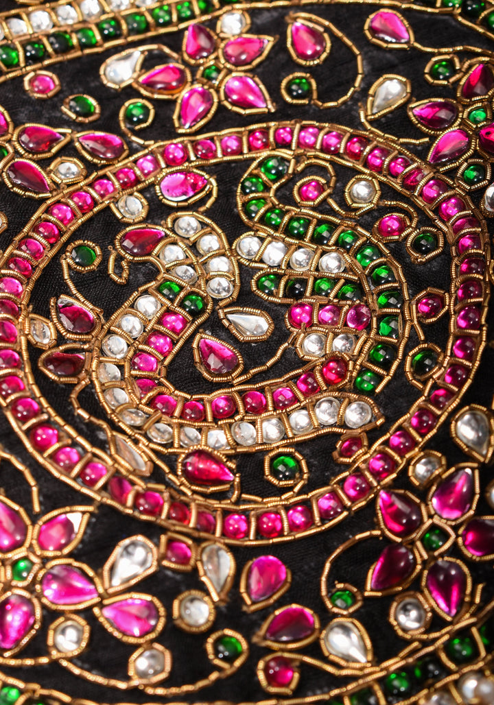 Black Raw Silk Blouse with Collar neck with Jadau Mandala Design, Made to Order