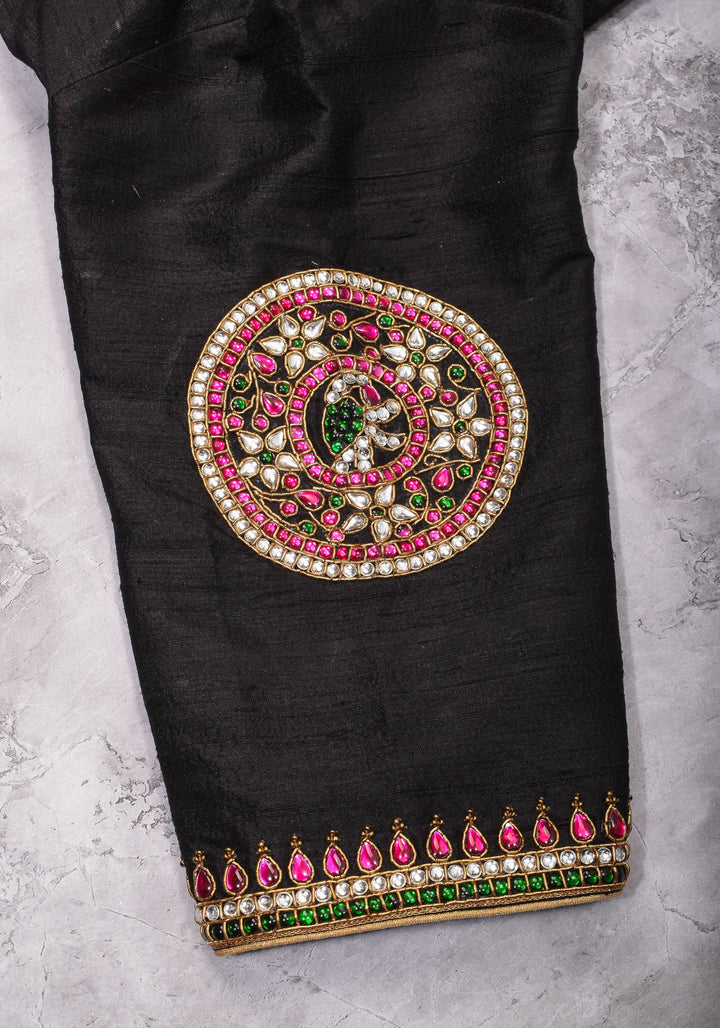Black Raw Silk Blouse with Collar neck with Jadau Mandala Design, Made to Order