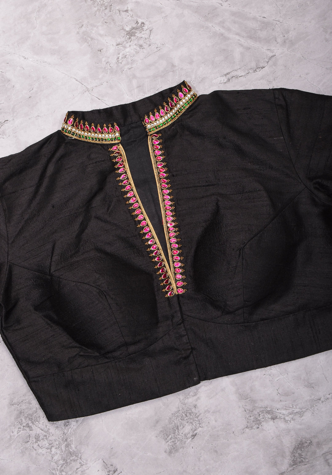 Black Raw Silk Blouse with Collar neck with Jadau Mandala Design, Made to Order