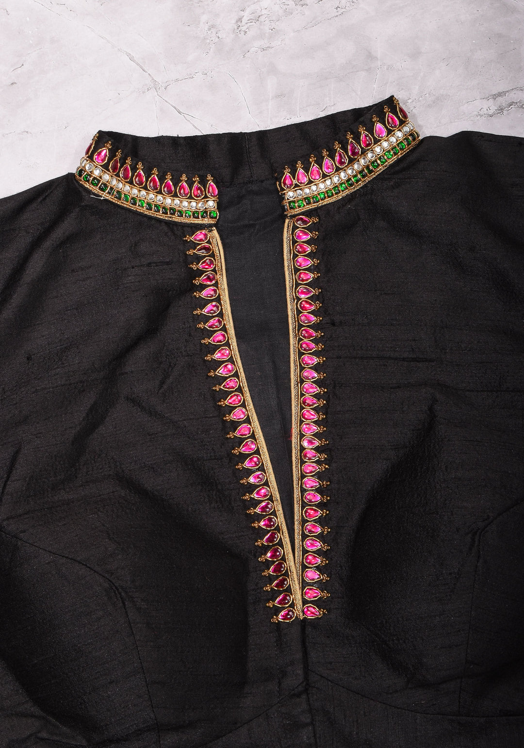 Black Raw Silk Blouse with Collar neck with Jadau Mandala Design, Made to Order