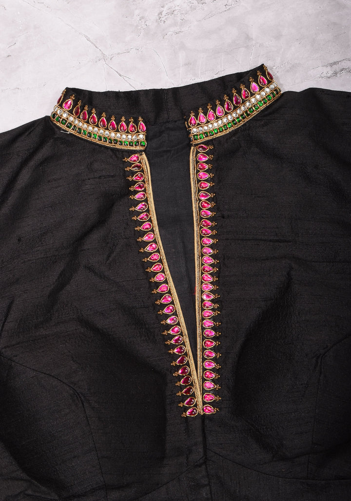 Black Raw Silk Blouse with Collar neck with Jadau Mandala Design, Made to Order
