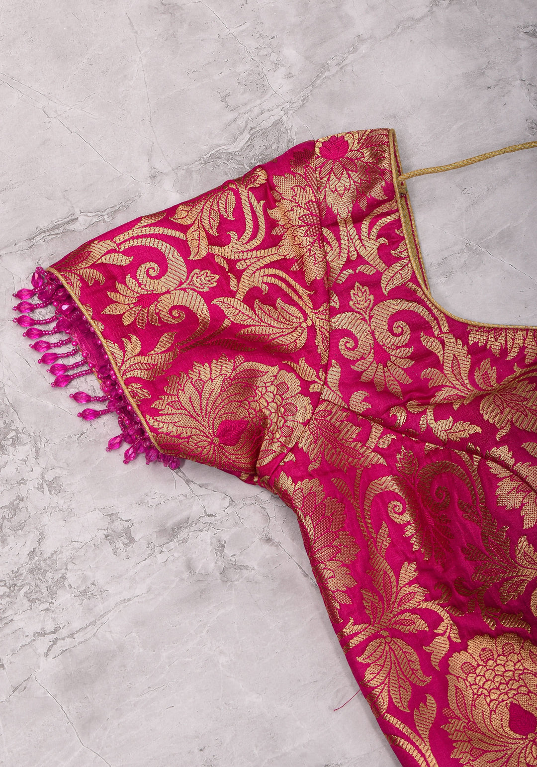 Rani Pink Banarasi Brocade Blouse with Back tie design and dangling beads