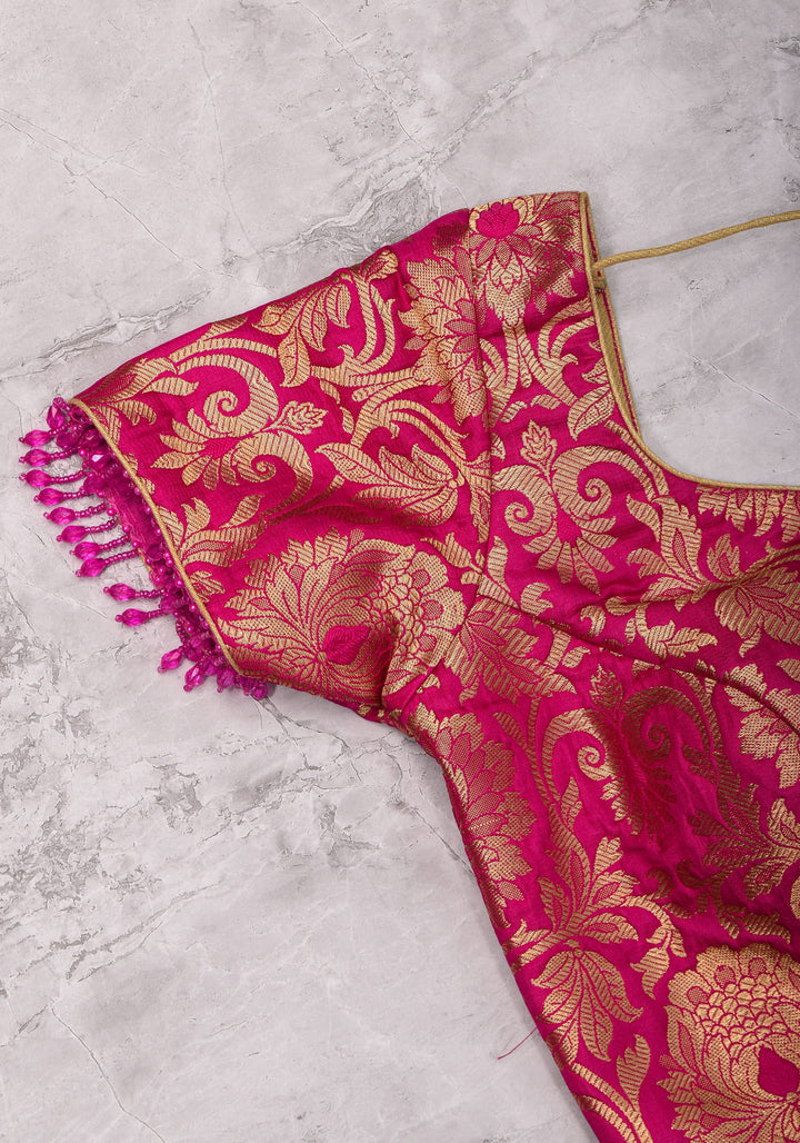 Rani Pink Banarasi Brocade Blouse with Back tie design and dangling beads
