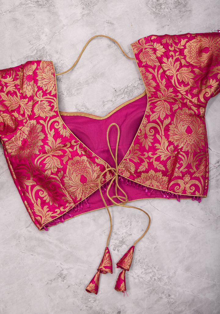 Rani Pink Banarasi Brocade Blouse with Back tie design and dangling beads