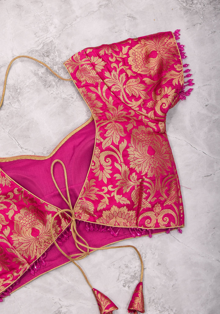 Rani Pink Banarasi Brocade Blouse with Back tie design and dangling beads