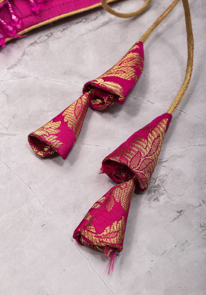 Rani Pink Banarasi Brocade Blouse with Back tie design and dangling beads