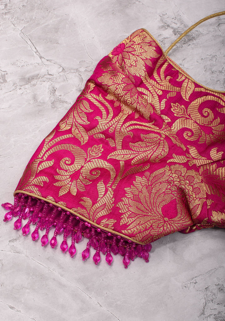 Rani Pink Banarasi Brocade Blouse with Back tie design and dangling beads