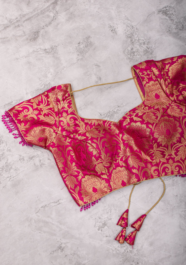 Rani Pink Banarasi Brocade Blouse with Back tie design and dangling beads