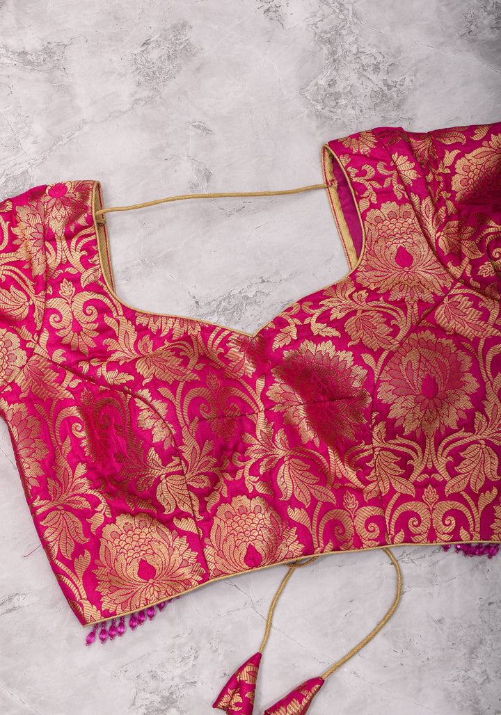 Rani Pink Banarasi Brocade Blouse with Back tie design and dangling beads