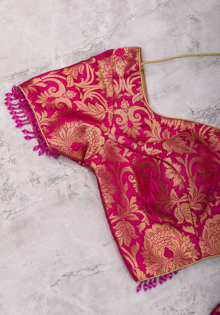 Rani Pink Banarasi Brocade Blouse with Back tie design and dangling beads