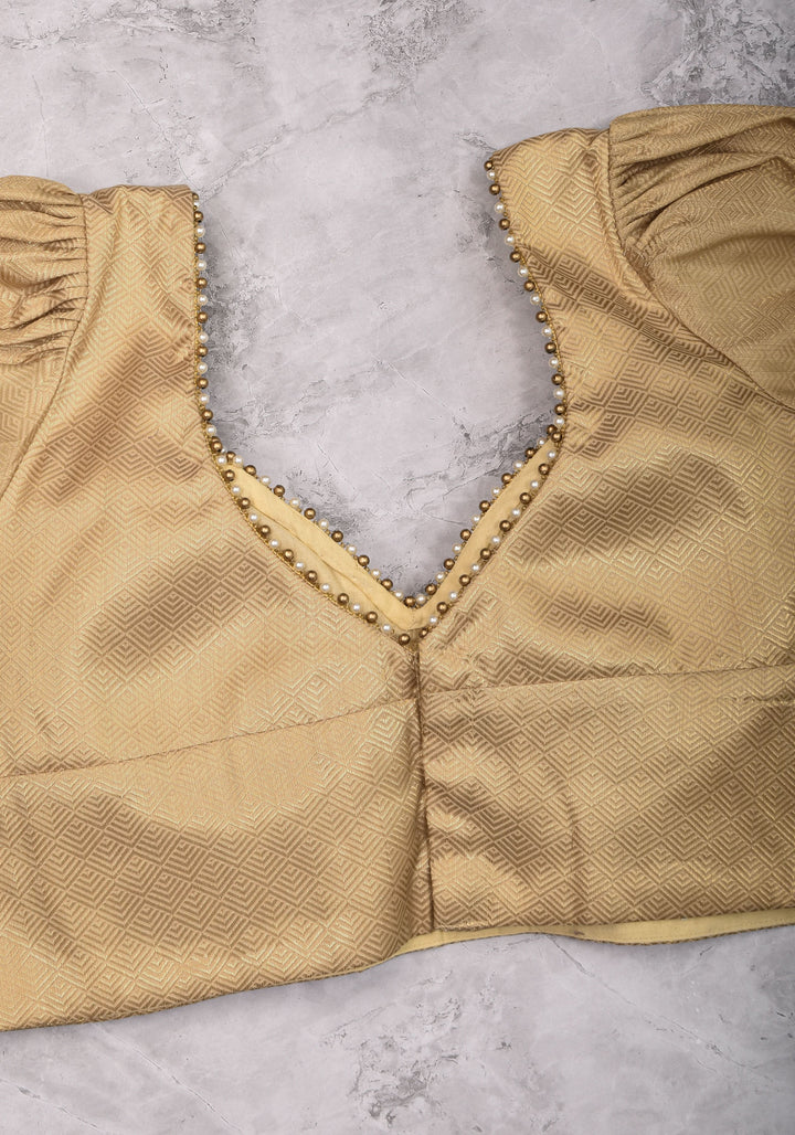 Gold tone sweetheart neck blouse with puff sleeves with beads detailing | Made to Order
