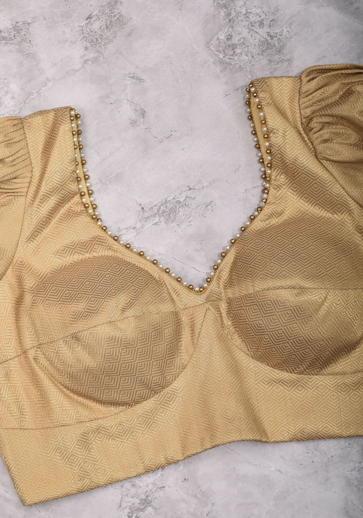 Gold tone sweetheart neck blouse with puff sleeves with beads detailing | Made to Order