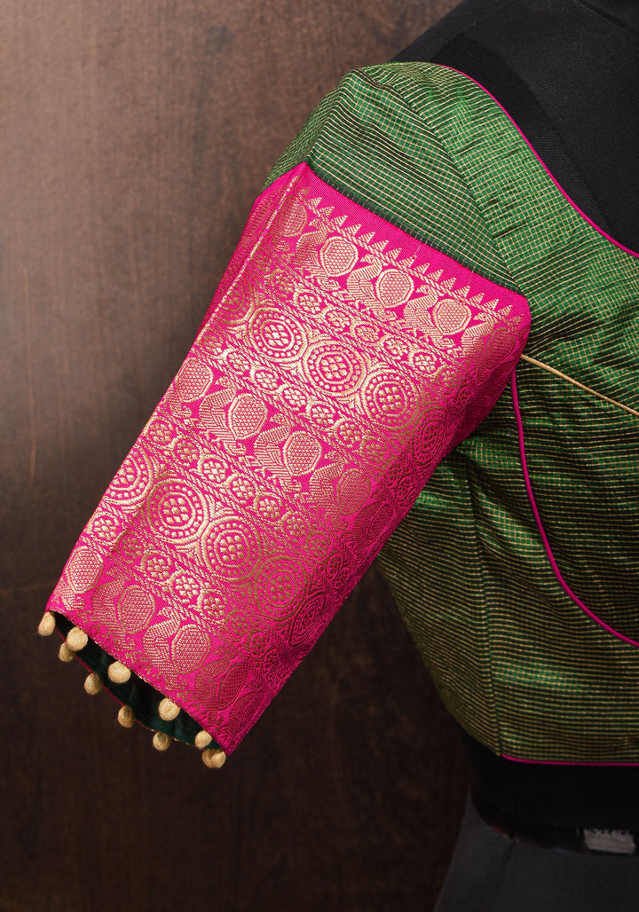 Kanjivaram Silk Blouse with Zari Checks detailing and wide Pink Border
