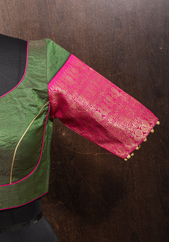 Kanjivaram Silk Blouse with Zari Checks detailing and wide Pink Border
