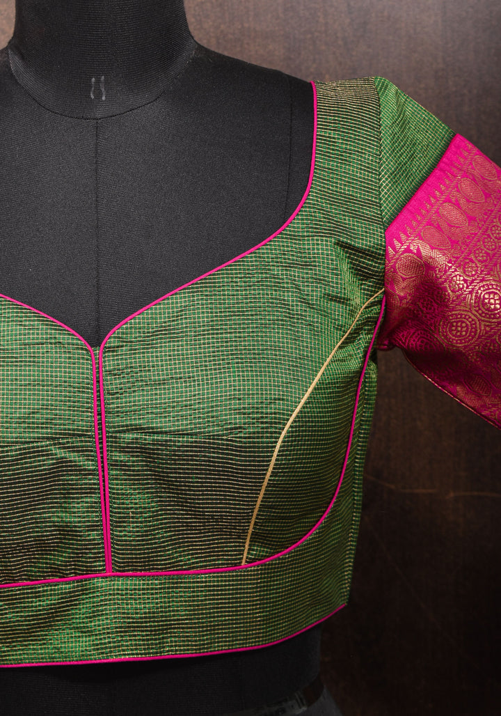 Kanjivaram Silk Blouse with Zari Checks detailing and wide Pink Border