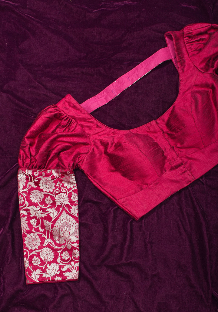 Made To Order: Magenta Pure Raw Silk Blouse with Puff Sleeves and Banarasi Brocade Detailing