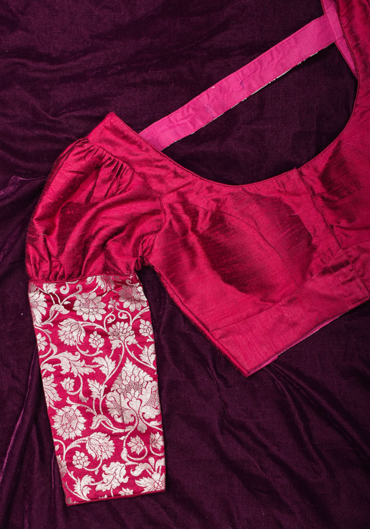 Made To Order: Magenta Pure Raw Silk Blouse with Puff Sleeves and Banarasi Brocade Detailing