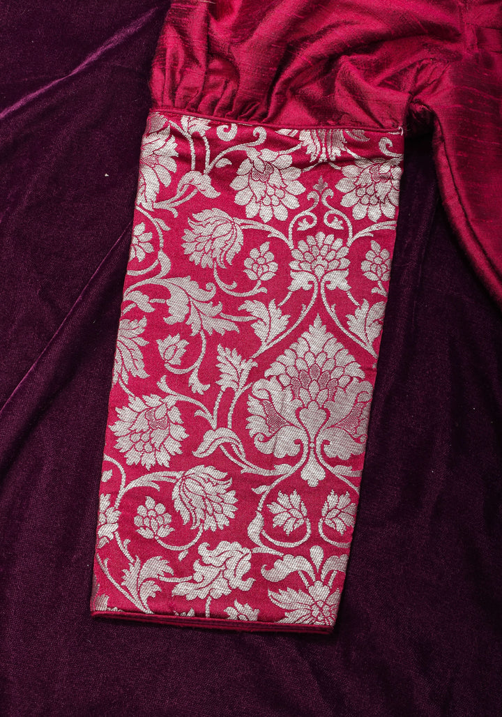 Made To Order: Magenta Pure Raw Silk Blouse with Puff Sleeves and Banarasi Brocade Detailing