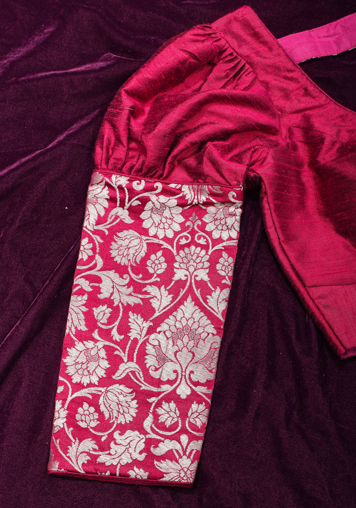 Made To Order: Magenta Pure Raw Silk Blouse with Puff Sleeves and Banarasi Brocade Detailing