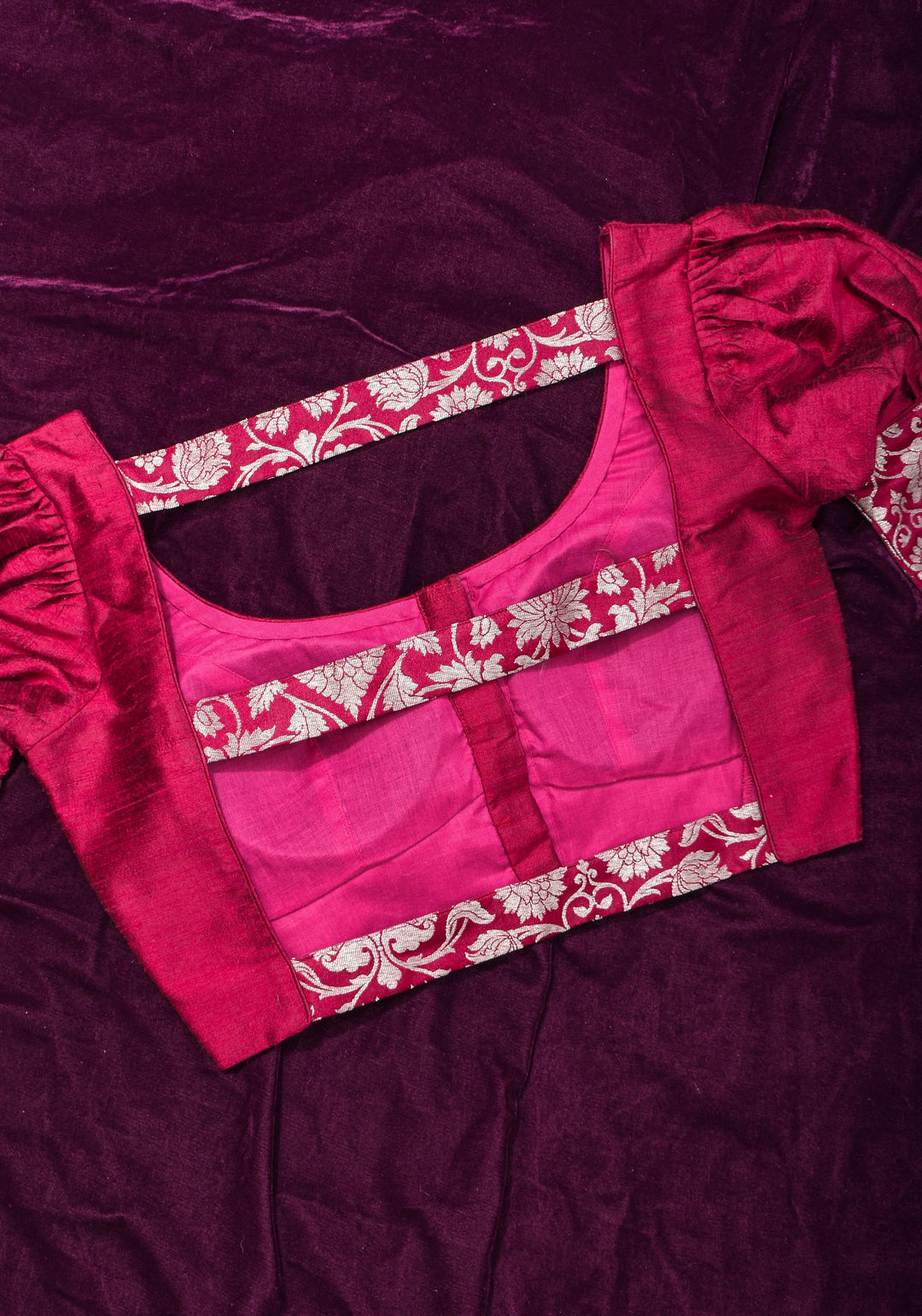 Made To Order: Magenta Pure Raw Silk Blouse with Puff Sleeves and Banarasi Brocade Detailing