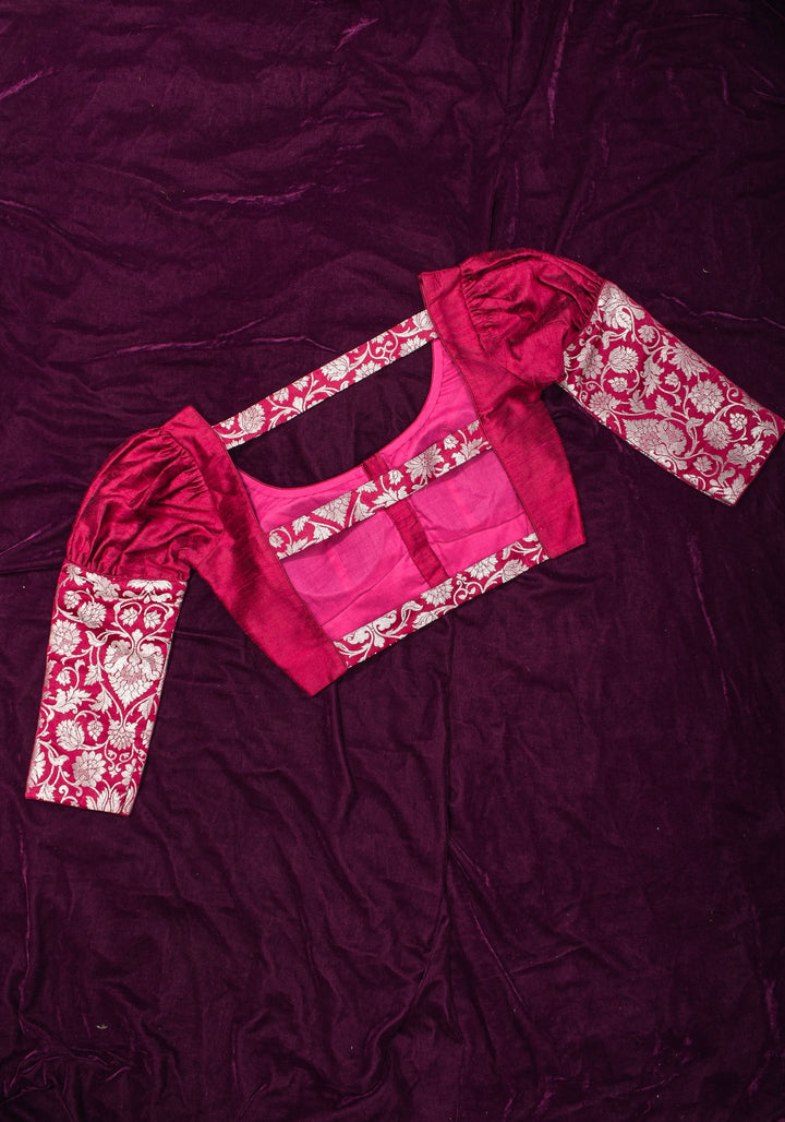 Made To Order: Magenta Pure Raw Silk Blouse with Puff Sleeves and Banarasi Brocade Detailing