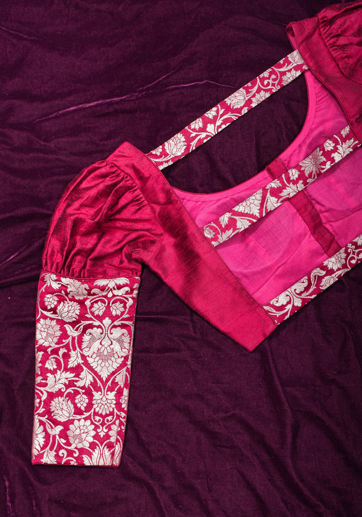 Made To Order: Magenta Pure Raw Silk Blouse with Puff Sleeves and Banarasi Brocade Detailing